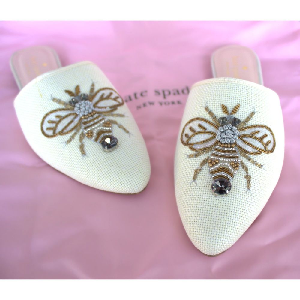 NIB w/ Bag | Kate Spade Maddie Bee Embroidered Canvas Mules | Light Natural | 7M